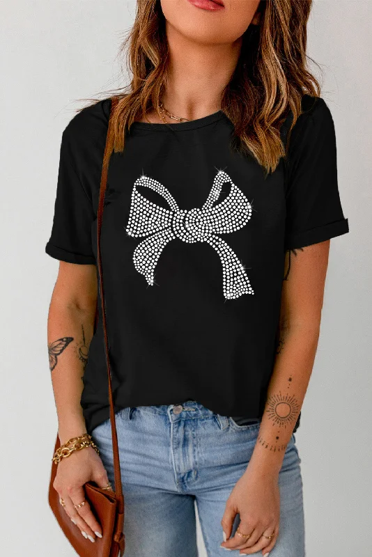 Nicolette Rhinestone Bow Graphic Round Neck Short Sleeve T-Shirt-- Chenille Brocade Lace