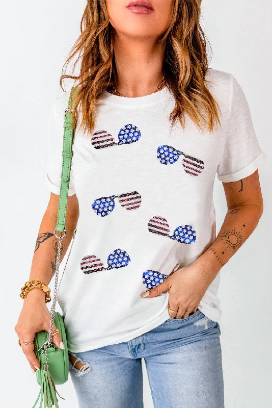 Kamila Sequin Round Neck Short Sleeve T-Shirt-- Welt Pockets Slit Pockets Flap Pockets Kamila Sequin Round Neck Short Sleeve T-Shirt-- Welt Pockets Slit Pockets Flap Pockets
