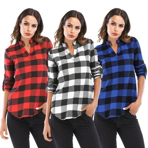 Casual Plaid Spring Fit V-neck Versatile Women  Blouses Elegant Lace Blouse
