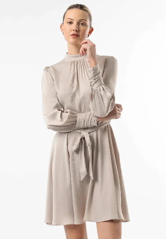 Angeleye Satin High Neck Mini Dress With Tie Waist In Beige Comfortable One-Shoulder Mini Dress