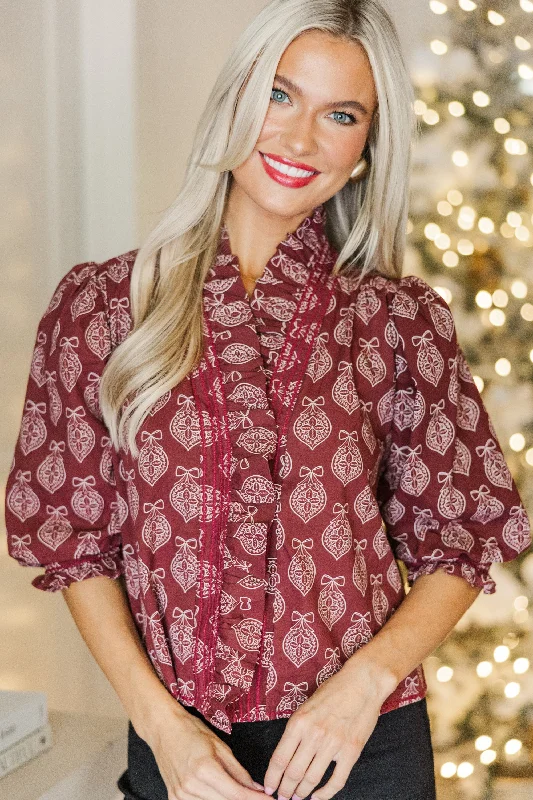 Out For The Day Red Medallion Blouse Elegant Semi-Sheer Blouse
