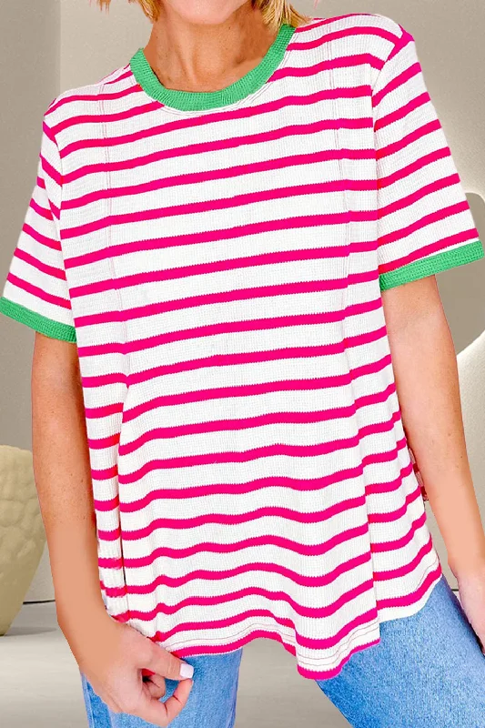 Landy Striped Round Neck Short Sleeve T-Shirt-- Silk Blend Satin Velvet