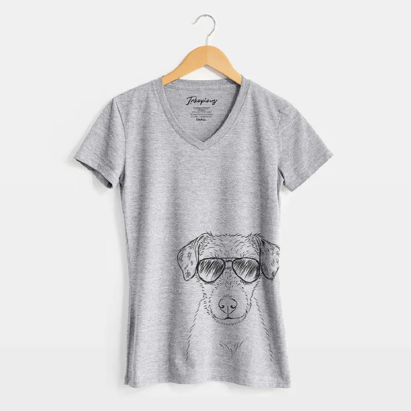 Aviator Kozmo the Jack Russell Terrier - Women's V-neck Shirt-- Denim Fabric Leather Fabric Suede Fabric