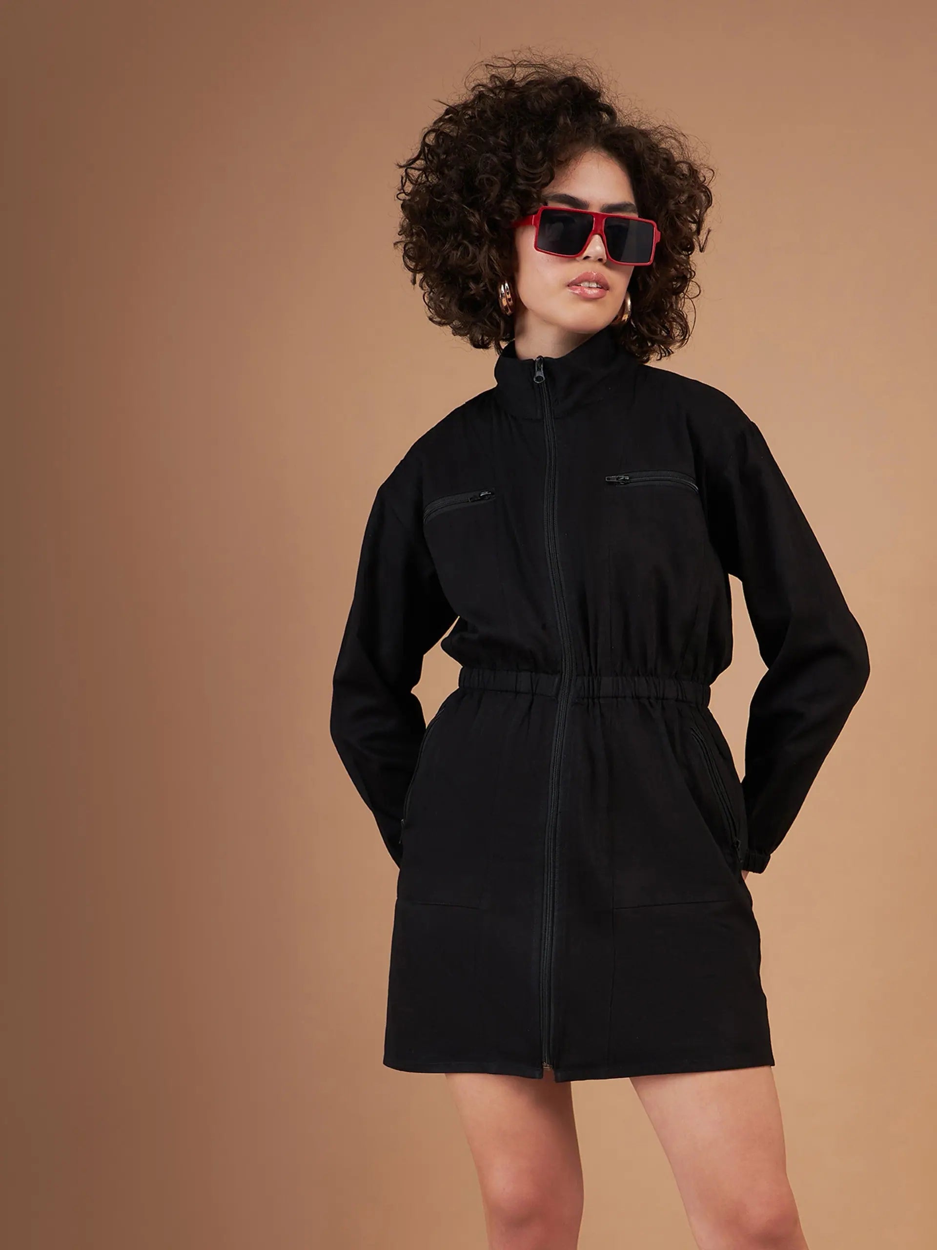 Women Black Twill Front Zipper Mini Dress Stylish Puff Sleeve Mini Dress