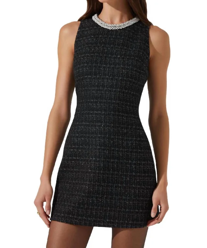 Althea Tweed Pearl Collar Mini Dress In Black Fashionable Mini Dress with Frills