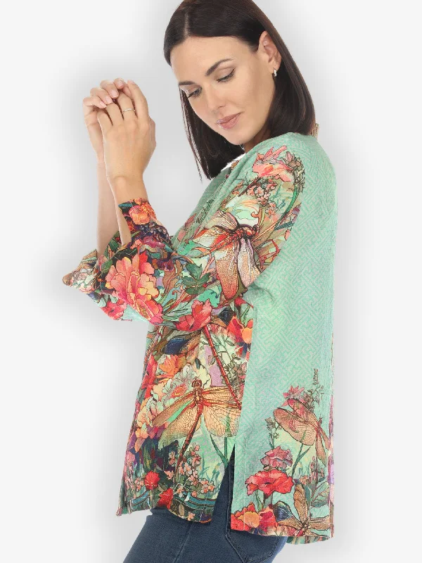 Colorful Dragonfly Floral Silk Blend Blouse Delicate Bow Blouse