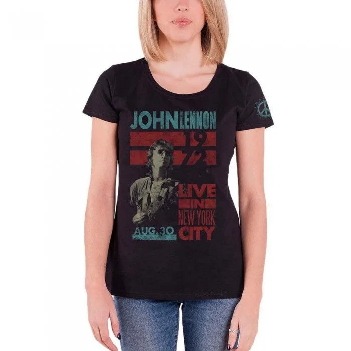 John Lennon Womens/Ladies Live In New York City T-Shirt-- Mesh Blend Leather Blend Suede Blend