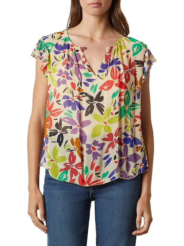 Womens Gathered Neck Sheer Blouse Boho Printed Blouse