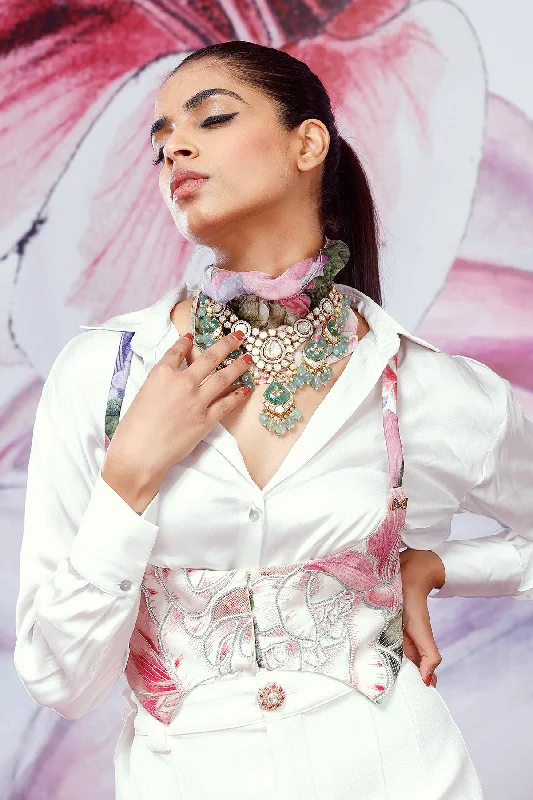 Embroidered Corset With Shirt-- Front Pockets Side Pockets Patch Pockets