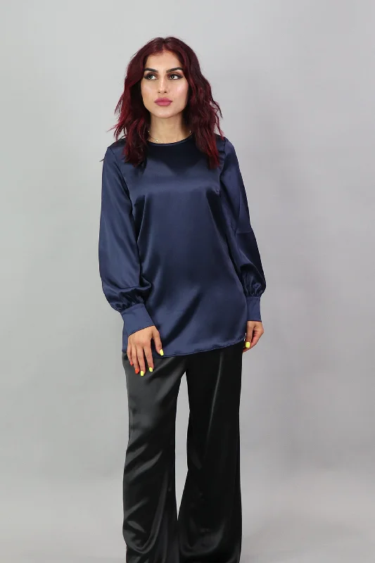 Lameera Satin Blouse - Navy Blue Textured Cotton Blouse