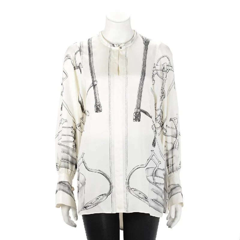 Hermes Blanc Casse Silk Projets Carres Blouse FR 38 Office-Ready Blouse