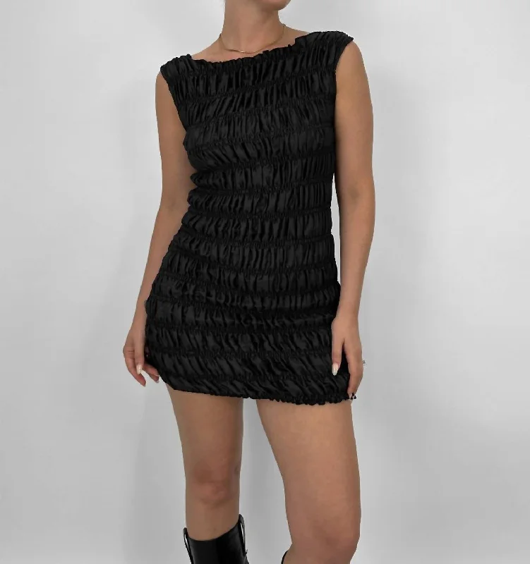 Smocked Boat Neck Mini Dress In Black Fashionable Mini Dress with Slits
