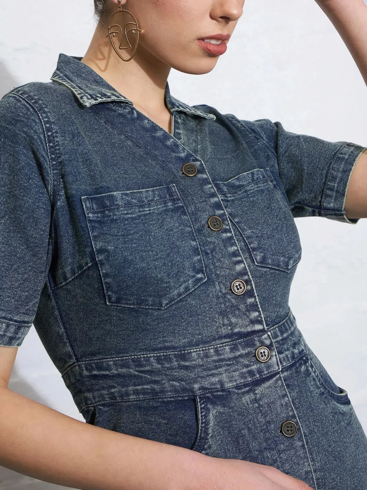 Women Blue Blast Denim Front Button Mini Dress Elegant Satin Mini Dress