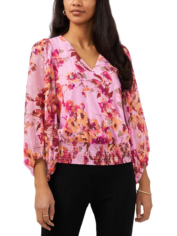 Petites Womens Metallic Floral Print Blouse Classic Minimalist Blouse