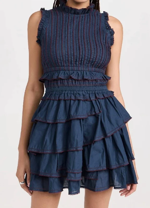 Mable Cambric Sleeveless Pleated Mini Dress In Admiral Blue Chic Bohemian Mini Dress