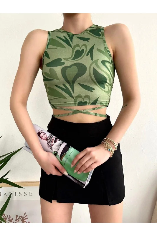 Women's Zero Sleeve Green Heart Pattern Waist Rope Wrap Detail Crop Blouse Oversized Silk Blouse