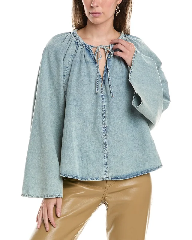 FRAME Denim Shirred Linen-Blend Blouse Balloon Sleeve Blouse