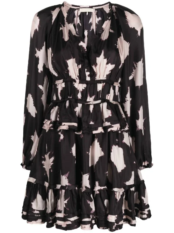 Ulla Johnson Women Emery Long Sleeve V-Neck Ruffled Skirt Mini Dress Black Noir Blur Elegant Velvet Mini Dress