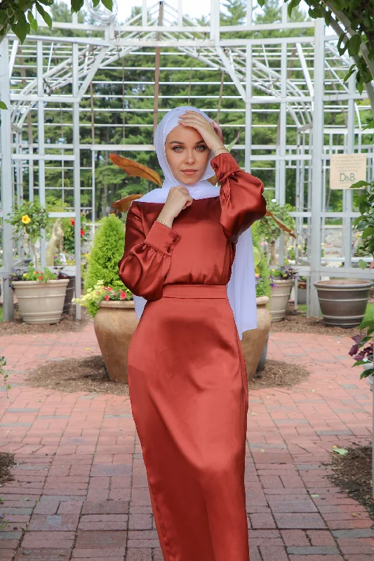 Lameera Satin Blouse -Burnt Orange Satin Drape Blouse