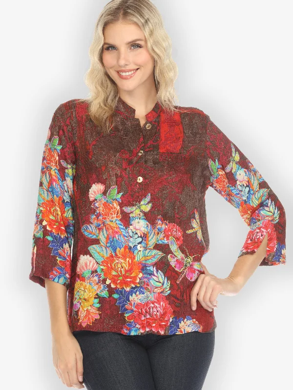 Dragonfly and Chrysanthemum Silk Blend Blouse Cotton Casual Blouse