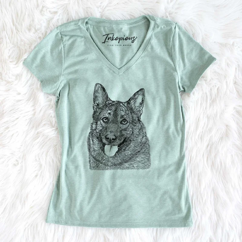 Bare Kasia the Norwegian Elkhound - Women's V-neck Shirt-- Front Pockets Side Pockets Patch Pockets