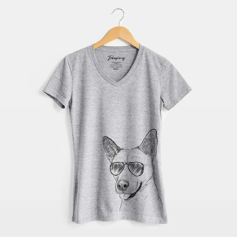 Aviator Kulfi the Jindo Shiba Inu Mix - Women's V-neck Shirt-- Striped Floral Plaid