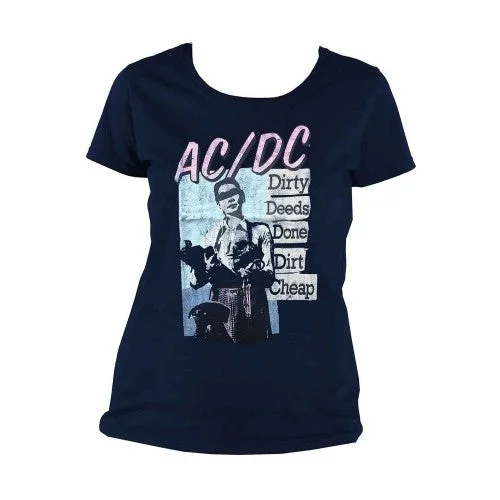 AC/DC Womens/Ladies Dirty Deeds Done Dirt Cheap Vintage T-Shirt-- Solid Print Embellished