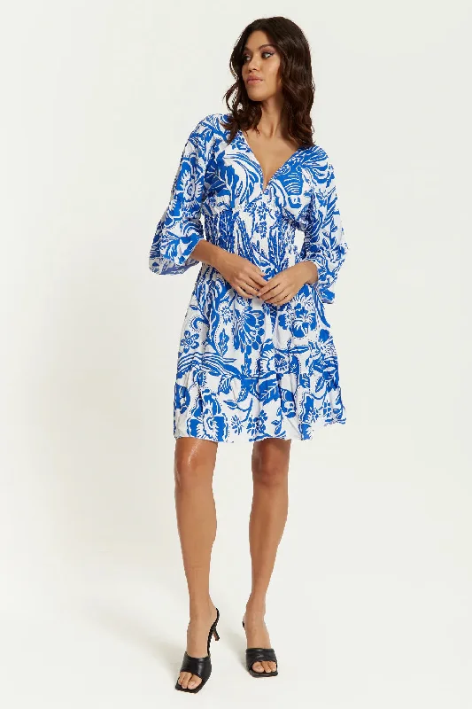 Hoxton Gal Oversized V Neck Detailed Floral Print Mini Dress Stylish Sweetheart Neck Mini Dress