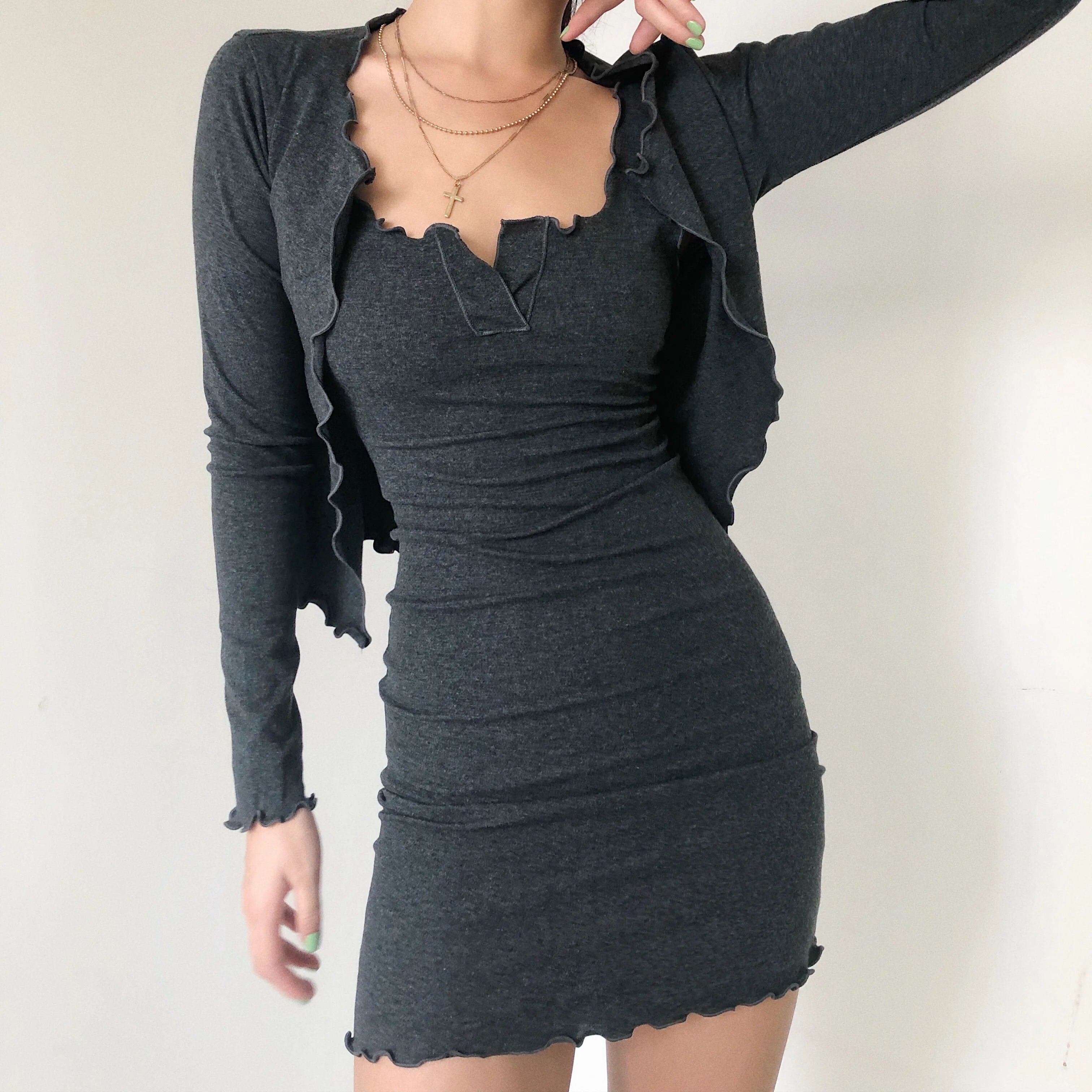 Advbridge Women Frill Trimming Tank Mini Dress with Frill Trimmed Open Stitch Top Two Pieces Elegant Lace Mini Dress