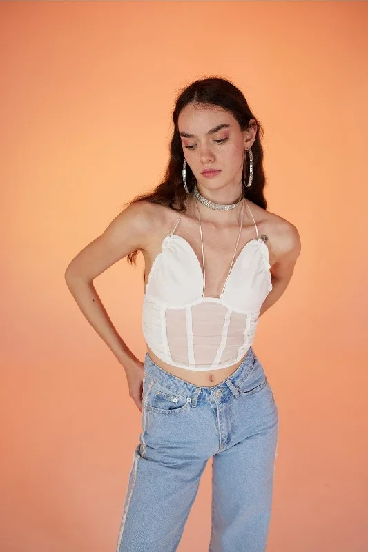 Thread Tied Tulle Sasha Blouse White Bell Sleeve Blouse