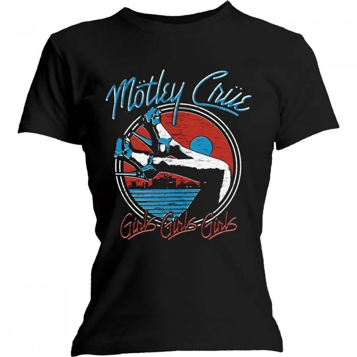 Motley Crue Womens/Ladies Heels T-Shirt-- Striped Floral Plaid