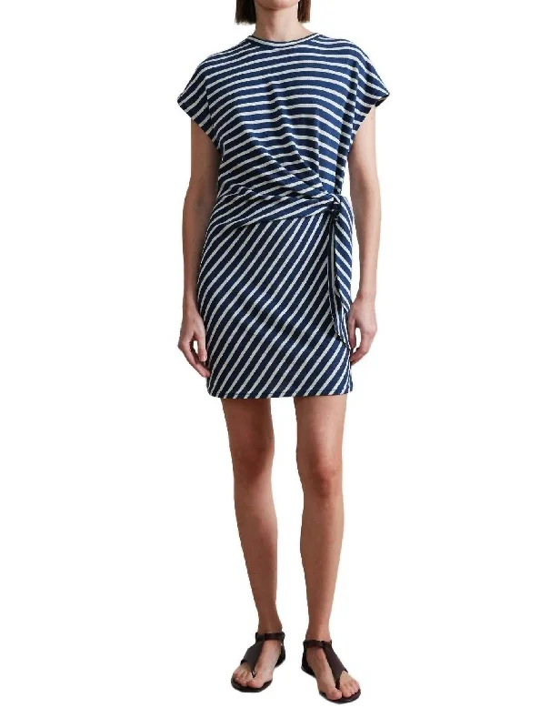 Nina Cinched Mini Dress In Navy & Cream Stripe Cozy Cotton Mini Dress
