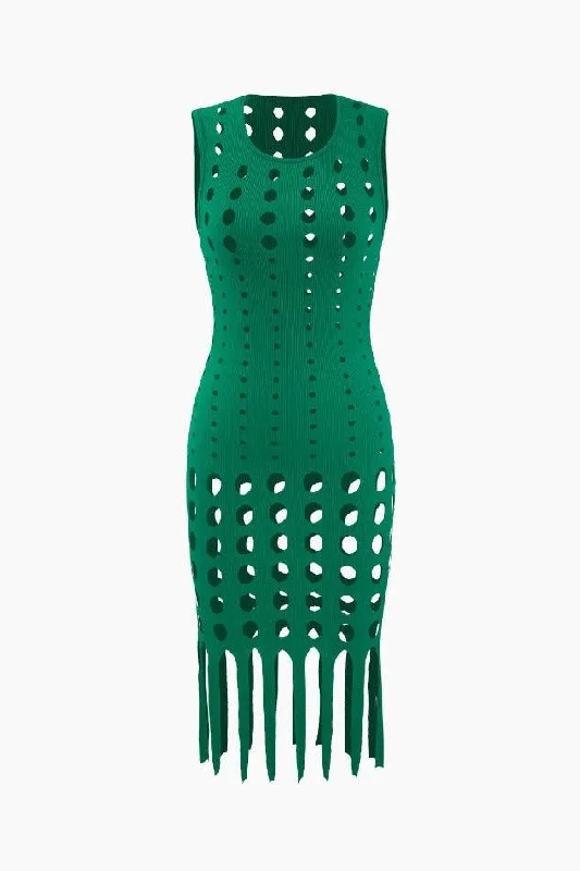 Cut Out Fringe Hem Sleeveless Mini Dress Cozy Sweater Mini Dress