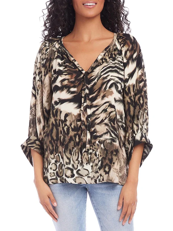 Womens Animal Print V-Neck Blouse Drape Neck Blouse