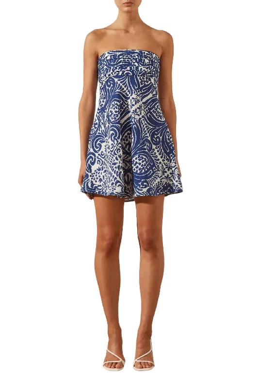 Pombeline Linen Strapless Corded Mini Dress In Ivory & Deep Blue Trendy Cut-Out Mini Dress
