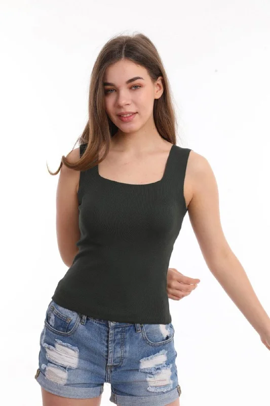 Women's Khaki Square Collar Strap Knitwear Blouse Athlete Smart Business Blouse