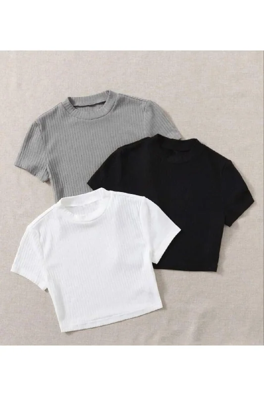 Women's 3-Piece Black Ribbed Crew Neck Camisole Crop Blouse Sheer Mesh Blouse