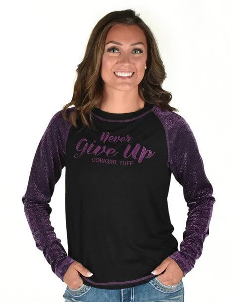 Cowgirl Tuff Womens Never Give Up Shimmer Purple Nylon L/S T-Shirt-- Spandex Blend Rayon Blend Denim Blend