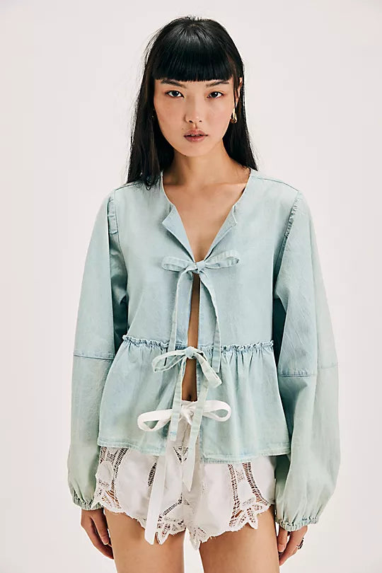 Brunch Babe Denim Blouse - Light Tint Wash Chic Off-Shoulder Blouse