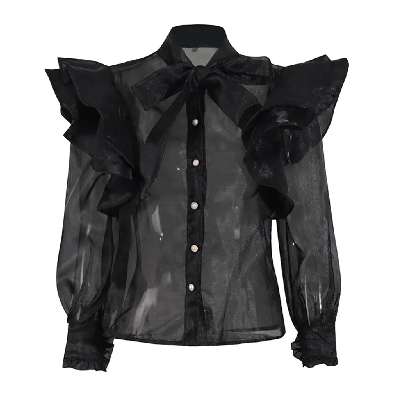 Luxury Bow Tie Neck Layered Ruffle Long Sleeve Button Up Organza Blouse Embroidered Cotton Blouse