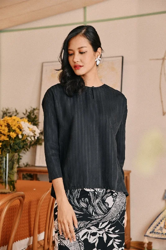 The Lembah Women Suria Blouse - Black Jacquard Playful Puff Blouse