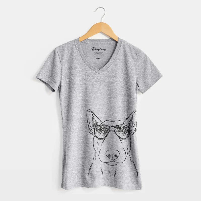 Aviator Jett the Bull Terrier - Women's V-neck Shirt-- Striped Floral Plaid