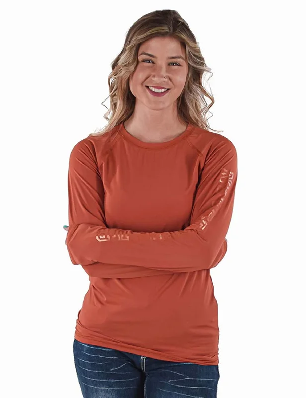 Cowgirl Tuff Womens Breathe Instant Baseball Tangerine Nylon L/S T-Shirt-- Elegant Classic Vintage