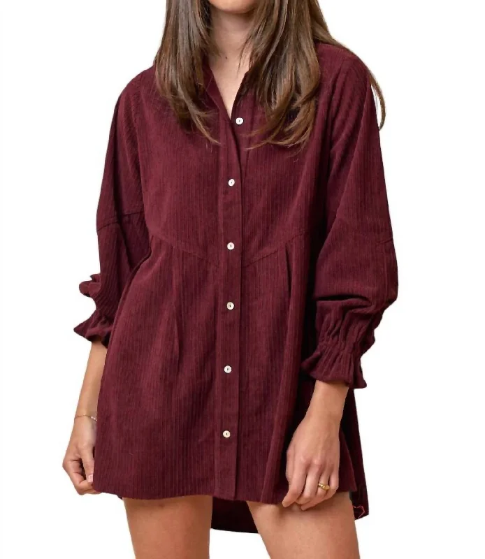 Allison Corduroy Button Up Shirt Mini Dress In Burgundy Cozy Knit Mini Dress
