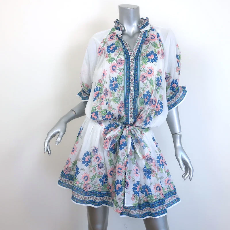 Juliet Dunn Blouson Tie-Waist Mini Dress White Rose Border Print Cotton Size 2 Fashionable A-Line Mini Dress