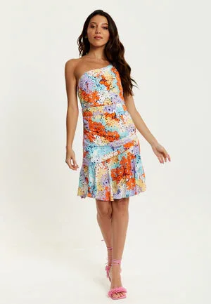 Liquorish Multicolour Floral Print One Shoulder Mini Dress Stylish Summer Mini Dress