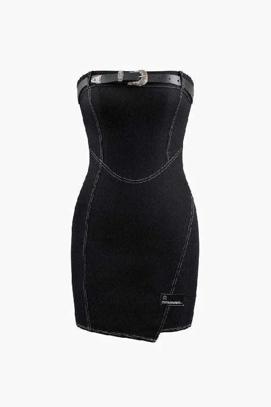Topstitching Belted Strapless Mini Dress Chic Sleeveless Mini Dress