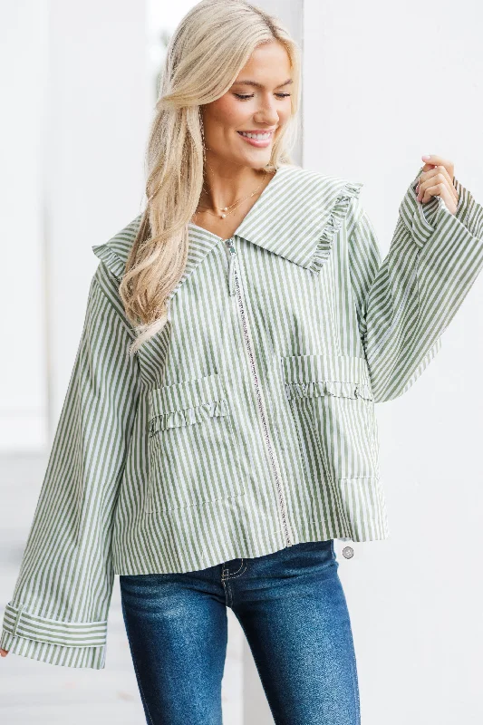 The Adoration Olive Green Striped Blouse Classic White Blouse