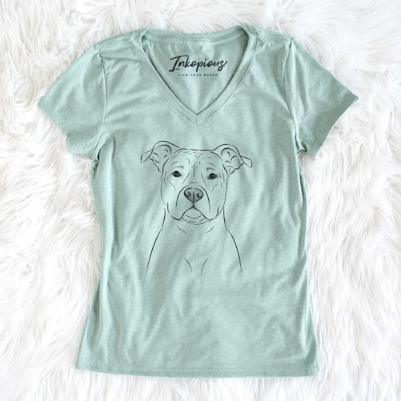 Bare Jethro the American Staffordshire Terrier - Women's V-neck Shirt-- Denim Fabric Leather Fabric Suede Fabric Bare Jethro the American Staffordshire Terrier - Women's V-neck Shirt-- Denim Fabric Leather Fabric Suede Fabric