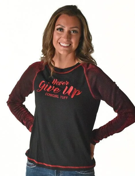 Cowgirl Tuff Womens Never Give Up Shimmer Dark Red Nylon L/S T-Shirt-- Houndstooth Herringbone Solid